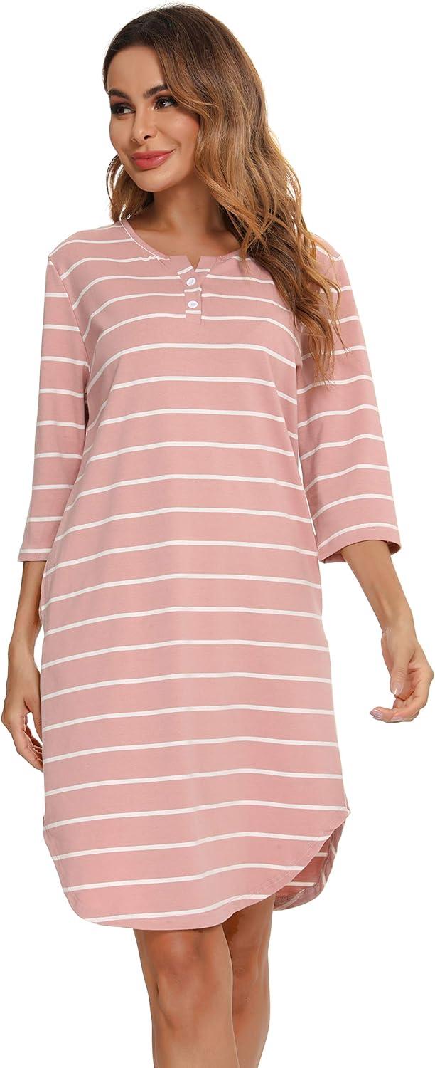 imageVlazom Womens Nightgowns Soft Cotton Stripe Nightdress Short Sleeve Night Shirt Sleepwear with Pockets SXXLPink