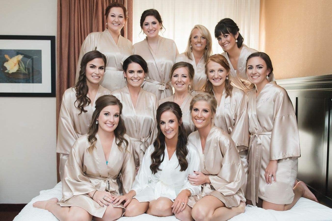 imageVlazom Womens Satin Robe Short Kimono Bathrobes for Bride amp Bridesmaid Wedding Party Robes with Gold Glitter or RhinestonesDark Champagne for Bridesmaid