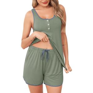 Vlazom Women’s Pajama Short Set Soft Cami 2 Pieces Pj’s Sets Tank Top and Shorts Sleepwear Set with Pockets(Style A-light Green)