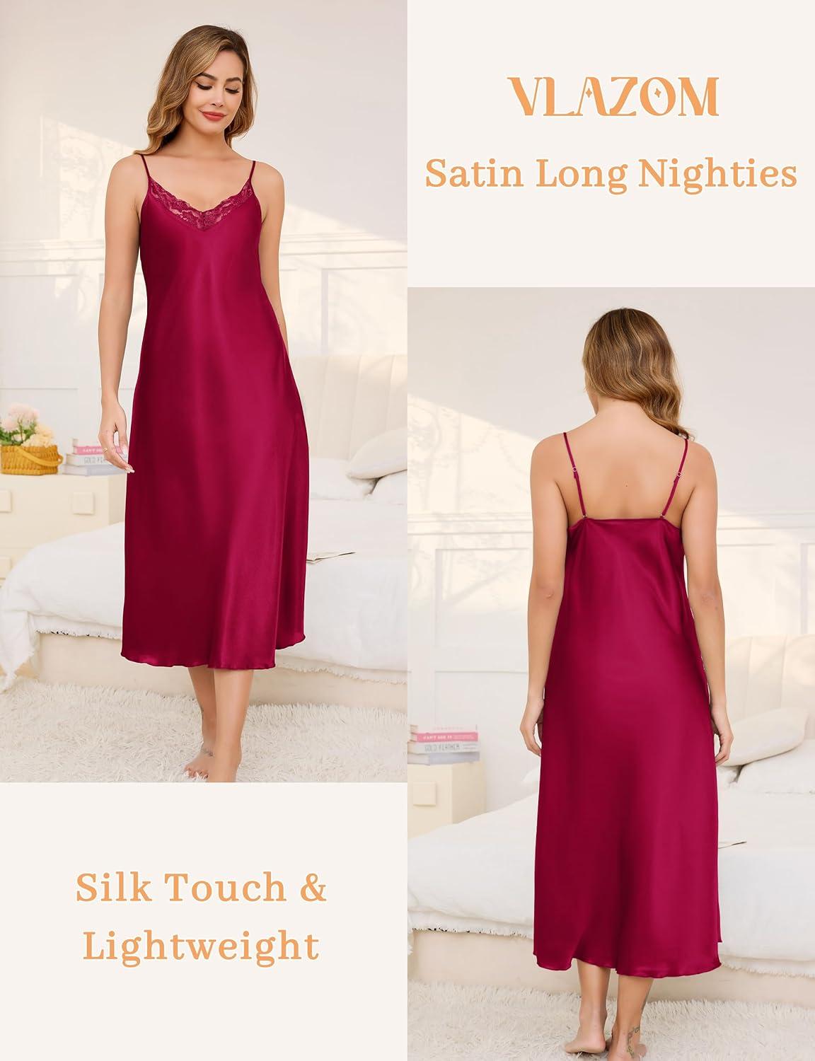 imageVlazom Womens Satin Nightgowns Sexy Lingerie Long Nightgowns Satin Silk Negligee V Neck Lace Chemise Sleepwear SXXLPurplered