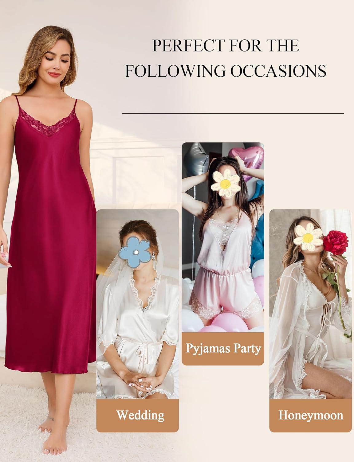 imageVlazom Womens Satin Nightgowns Sexy Lingerie Long Nightgowns Satin Silk Negligee V Neck Lace Chemise Sleepwear SXXLPurplered