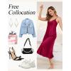 Vlazom Women’s Satin Nightgowns Sexy Lingerie Long Nightgowns Satin Silk Negligee V Neck Lace Chemise Sleepwear S-XXL(Purple-red)