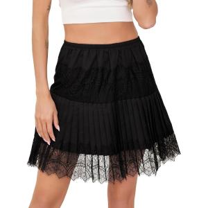 Vlazom Womens Half Slip Pleated Ruffle Lace Slip Skirt Layered Flowy Short Skirt Shirt Dress Extender S-XXL(Black)