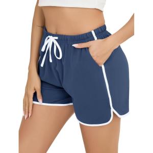 Vlazom Womens Sleep Shorts Cotton Pajamas Yoga Gym Running Active Shorts Drawstring Waist with Pocket S-XXL(Grey-blue)