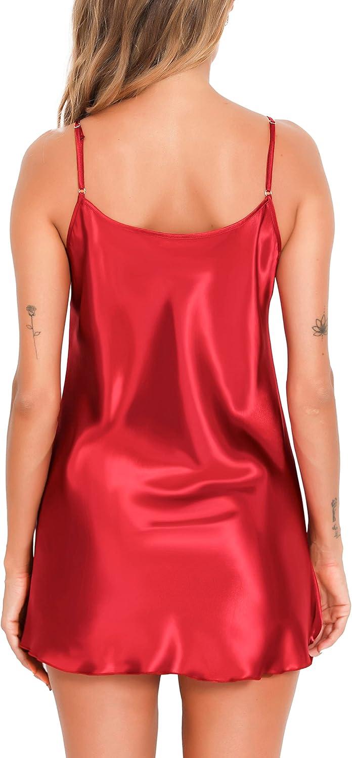 imageVlazom Satin Nightshirts Sexy Silk Nightdress Spaghetti Strap Short Negligee Chemise Slip with Deep V Neck