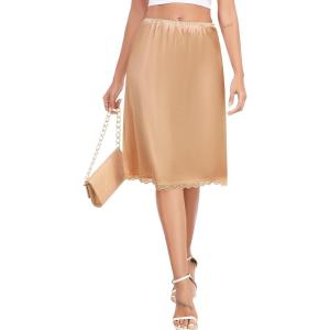 Vlazom Women’s Long Half Slip-Satin Lace Underskirt with Lace Trim,Half Slip for Under Dresses & Skirts S-3XL(Dark Champagne)