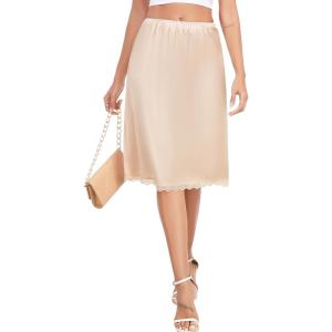 Vlazom Women’s Long Half Slip-Satin Lace Underskirt with Lace Trim,Half Slip for Under Dresses & Skirts S-3XL(Nude)