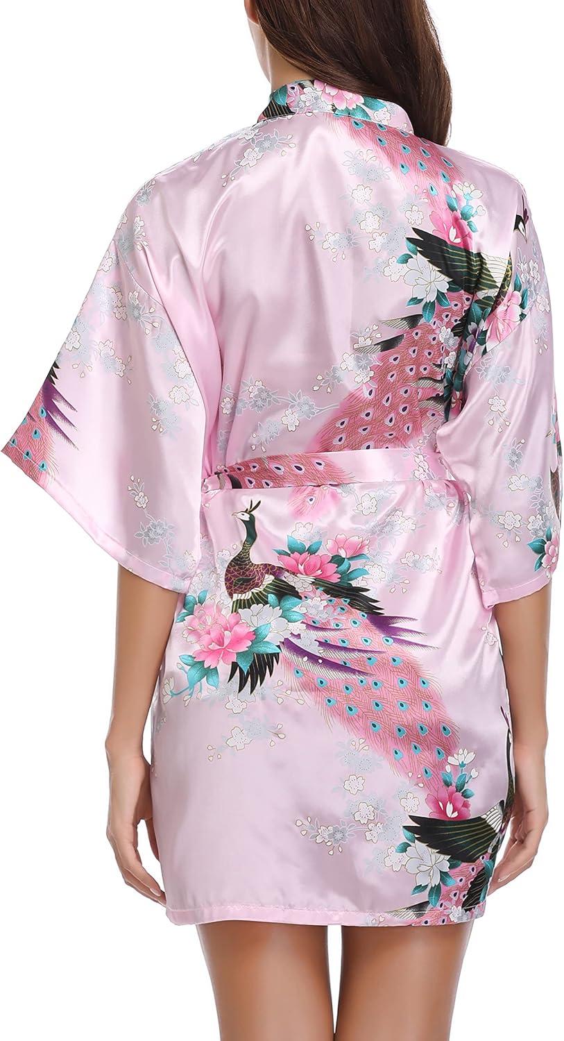 imageVlazom Womens Kimono Robes Dressing Gown Satin Bathrobe Nightdress Short Style Bridal RobeYpink Floral