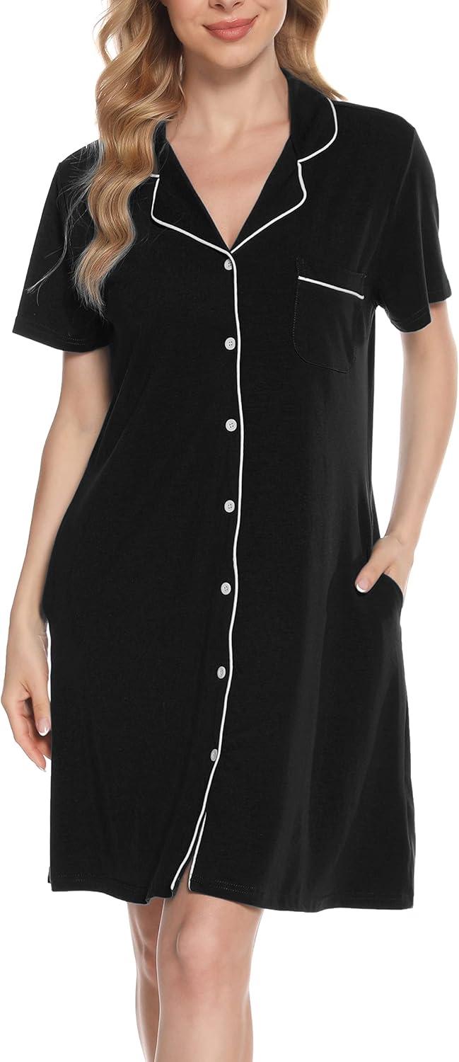 imageVlazom Womens Nightgowns Short Sleeve Sleep Shirts Nightshirt V Neck Button Down Pajama Sleepwear SXXLYblack