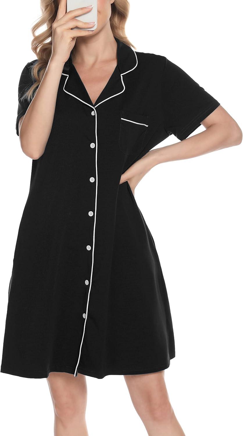 imageVlazom Womens Nightgowns Short Sleeve Sleep Shirts Nightshirt V Neck Button Down Pajama Sleepwear SXXLYblack