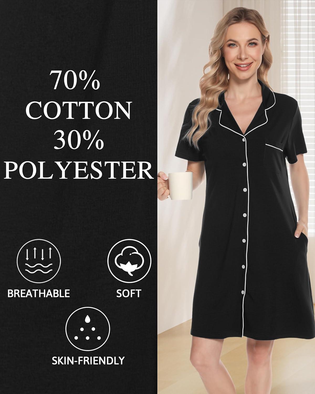 imageVlazom Womens Nightgowns Short Sleeve Sleep Shirts Nightshirt V Neck Button Down Pajama Sleepwear SXXLYblack