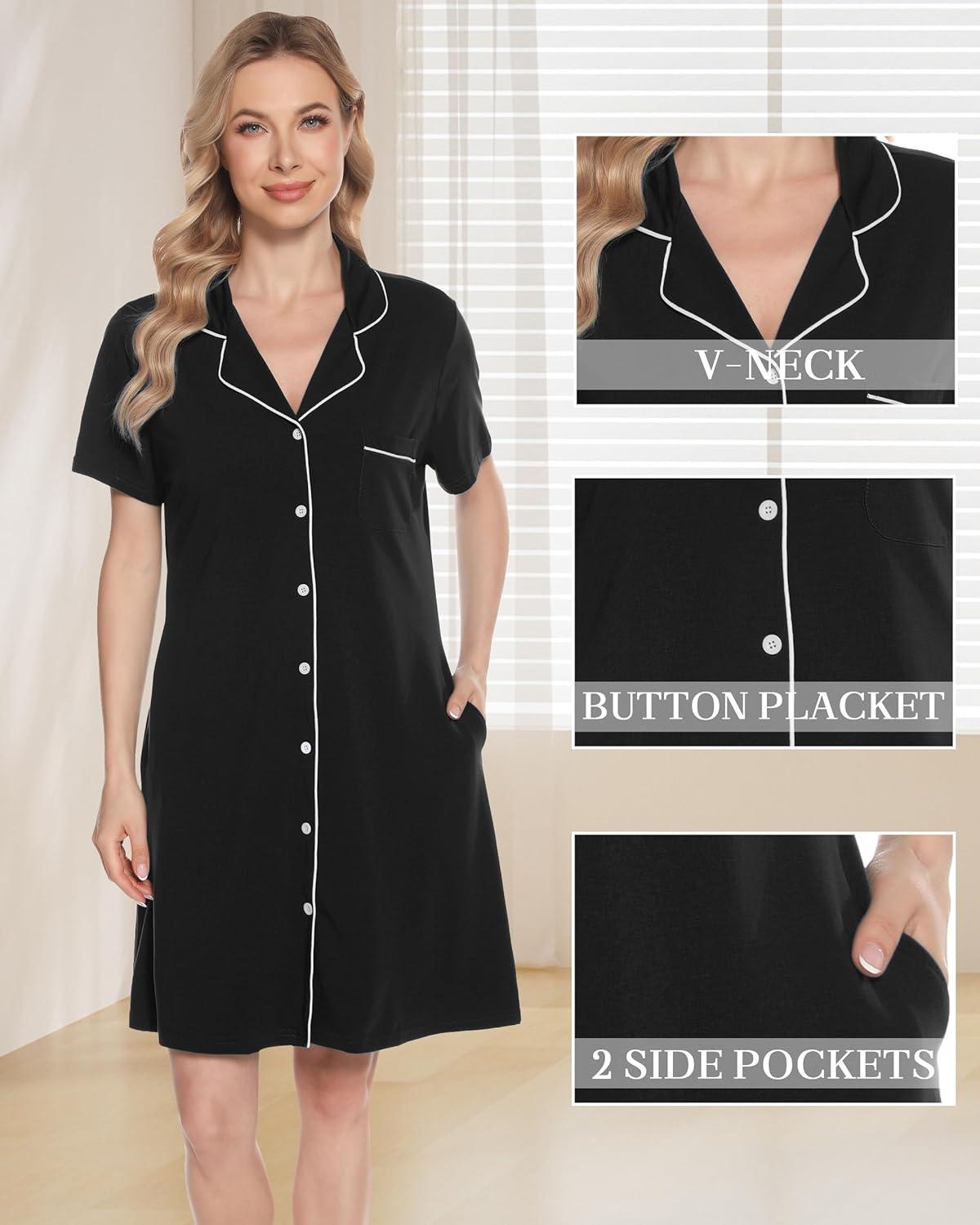 imageVlazom Womens Nightgowns Short Sleeve Sleep Shirts Nightshirt V Neck Button Down Pajama Sleepwear SXXLYblack