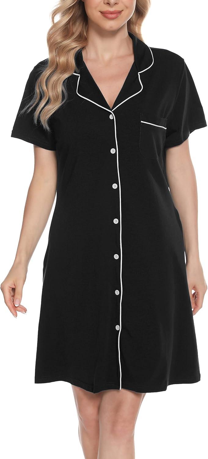 imageVlazom Womens Nightgowns Short Sleeve Sleep Shirts Nightshirt V Neck Button Down Pajama Sleepwear SXXLYblack
