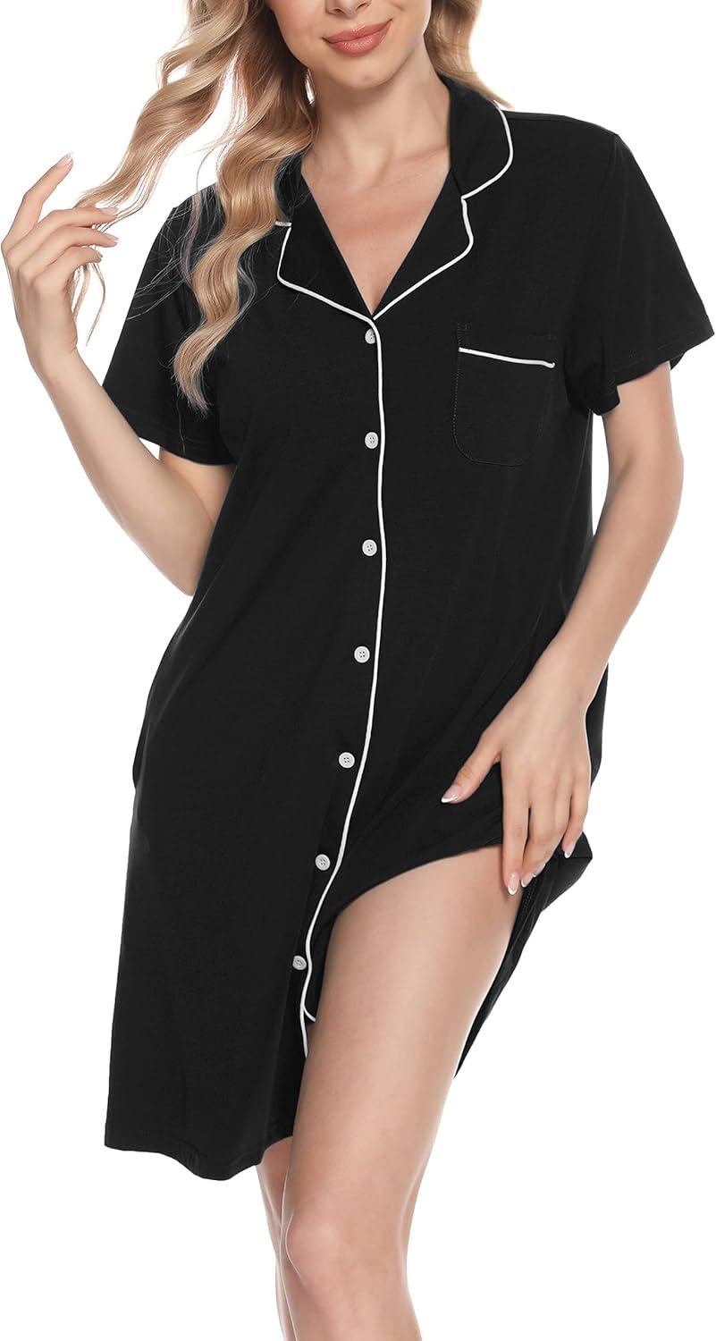 imageVlazom Womens Nightgowns Short Sleeve Sleep Shirts Nightshirt V Neck Button Down Pajama Sleepwear SXXLYblack