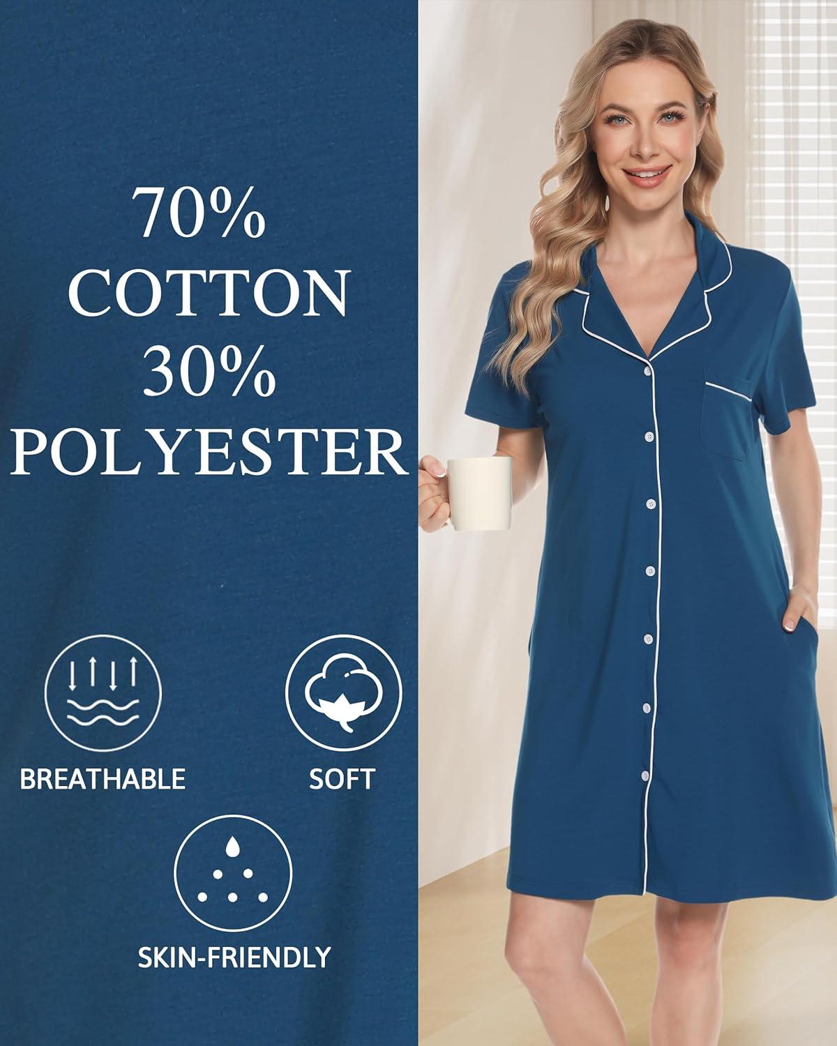 imageVlazom Womens Nightgowns Short Sleeve Sleep Shirts Nightshirt V Neck Button Down Pajama Sleepwear SXXLYcobalt Blue