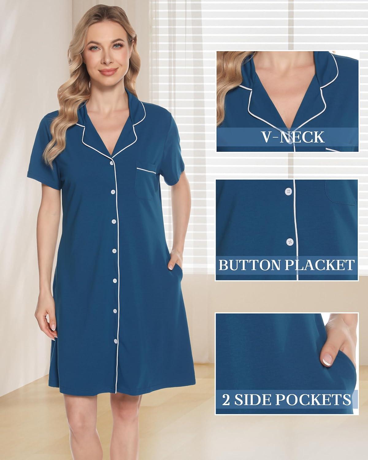 imageVlazom Womens Nightgowns Short Sleeve Sleep Shirts Nightshirt V Neck Button Down Pajama Sleepwear SXXLYcobalt Blue