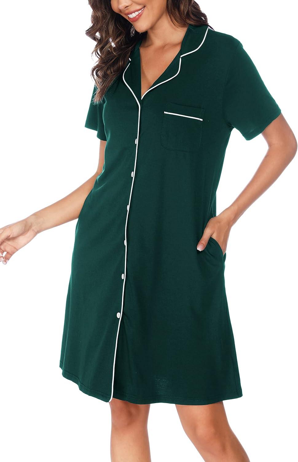 imageVlazom Womens Nightgowns Short Sleeve Sleep Shirts Nightshirt V Neck Button Down Pajama Sleepwear SXXLYdark Green