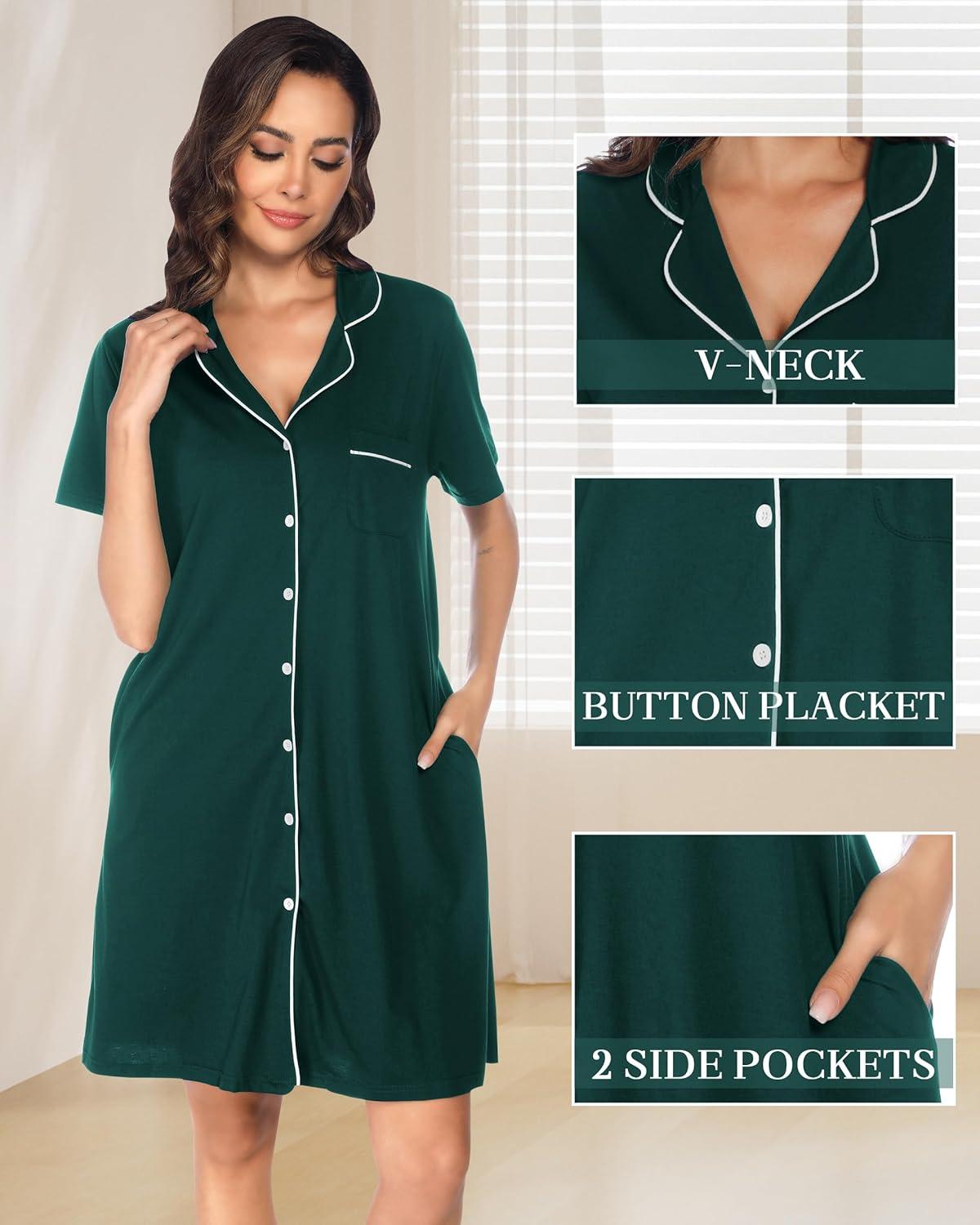 imageVlazom Womens Nightgowns Short Sleeve Sleep Shirts Nightshirt V Neck Button Down Pajama Sleepwear SXXLYdark Green