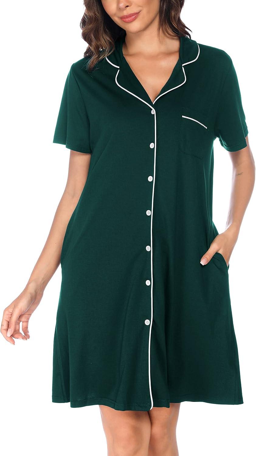 imageVlazom Womens Nightgowns Short Sleeve Sleep Shirts Nightshirt V Neck Button Down Pajama Sleepwear SXXLYdark Green