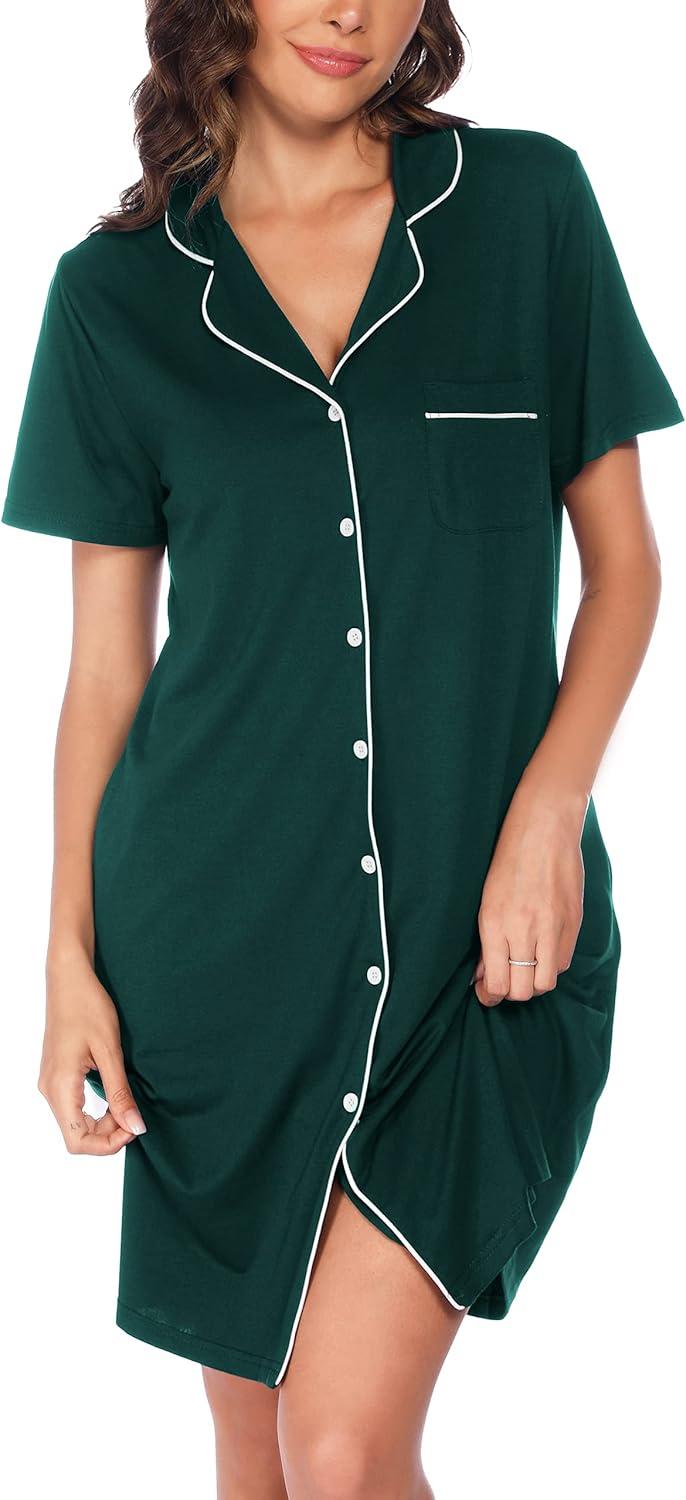 imageVlazom Womens Nightgowns Short Sleeve Sleep Shirts Nightshirt V Neck Button Down Pajama Sleepwear SXXLYdark Green