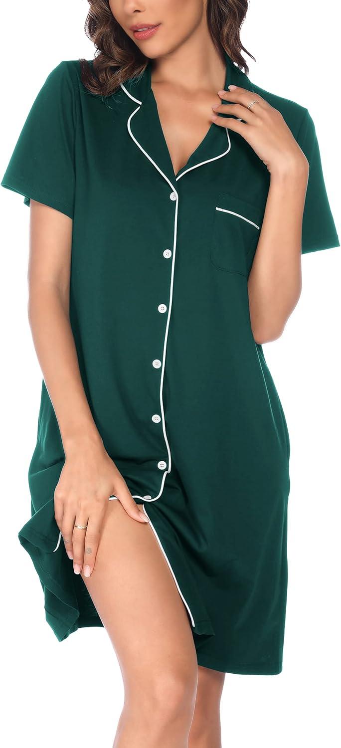 imageVlazom Womens Nightgowns Short Sleeve Sleep Shirts Nightshirt V Neck Button Down Pajama Sleepwear SXXLYdark Green