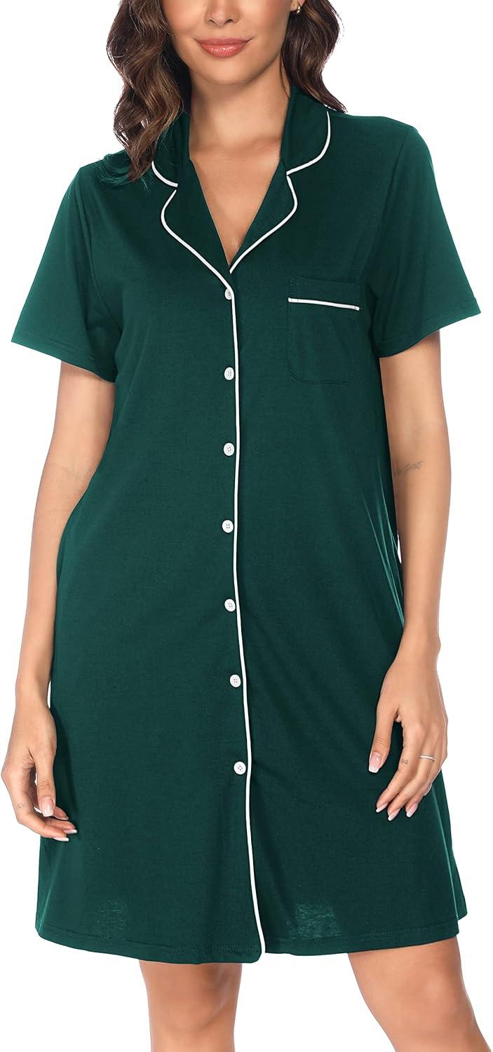imageVlazom Womens Nightgowns Short Sleeve Sleep Shirts Nightshirt V Neck Button Down Pajama Sleepwear SXXLYdark Green