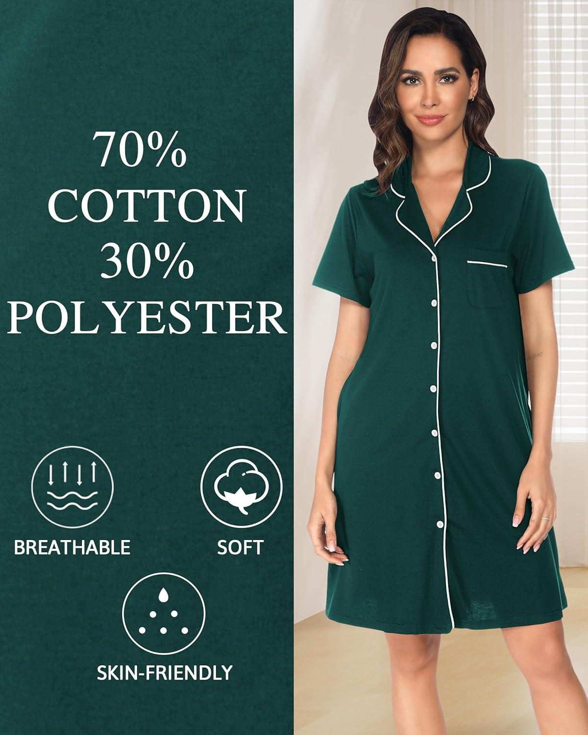 imageVlazom Womens Nightgowns Short Sleeve Sleep Shirts Nightshirt V Neck Button Down Pajama Sleepwear SXXLYdark Green