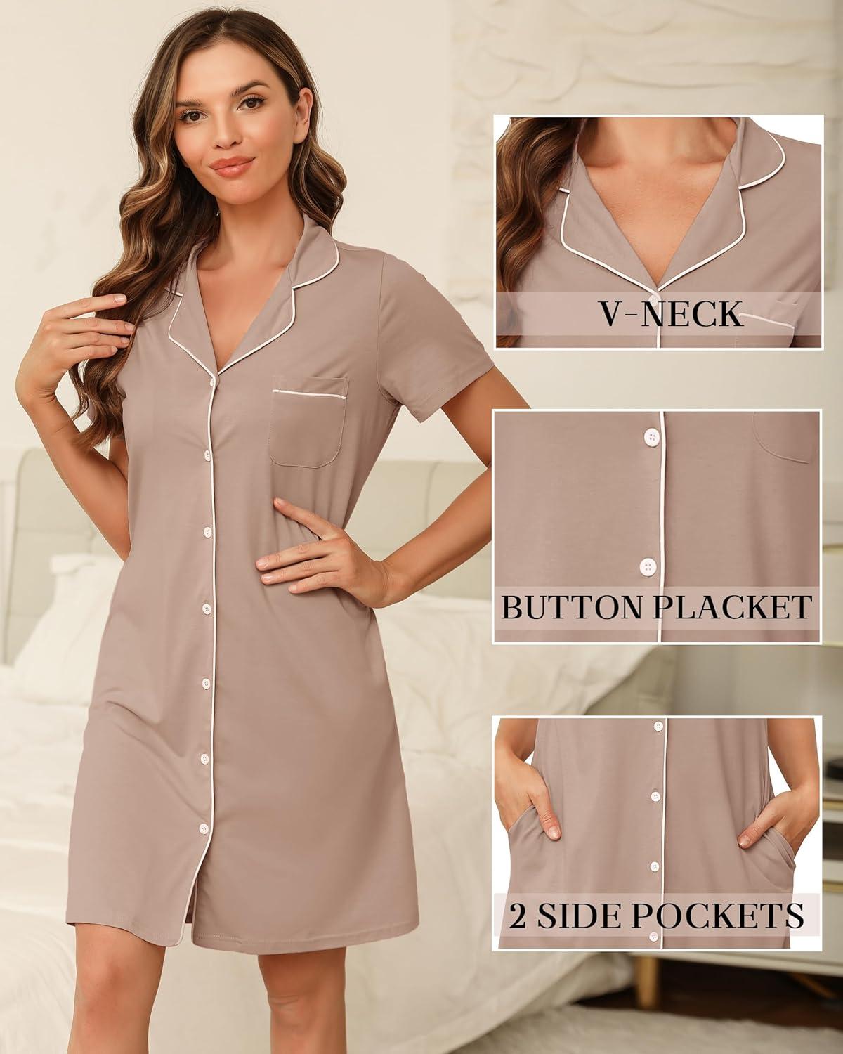 imageVlazom Womens Nightgowns Short Sleeve Sleep Shirts Nightshirt V Neck Button Down Pajama Sleepwear SXXLYdark Pink