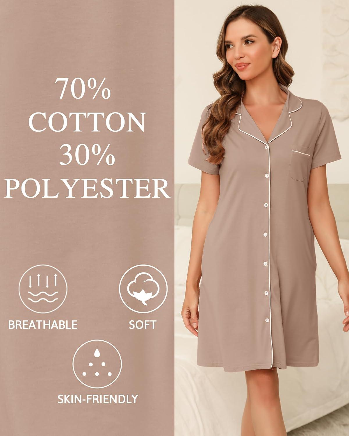 imageVlazom Womens Nightgowns Short Sleeve Sleep Shirts Nightshirt V Neck Button Down Pajama Sleepwear SXXLYdark Pink