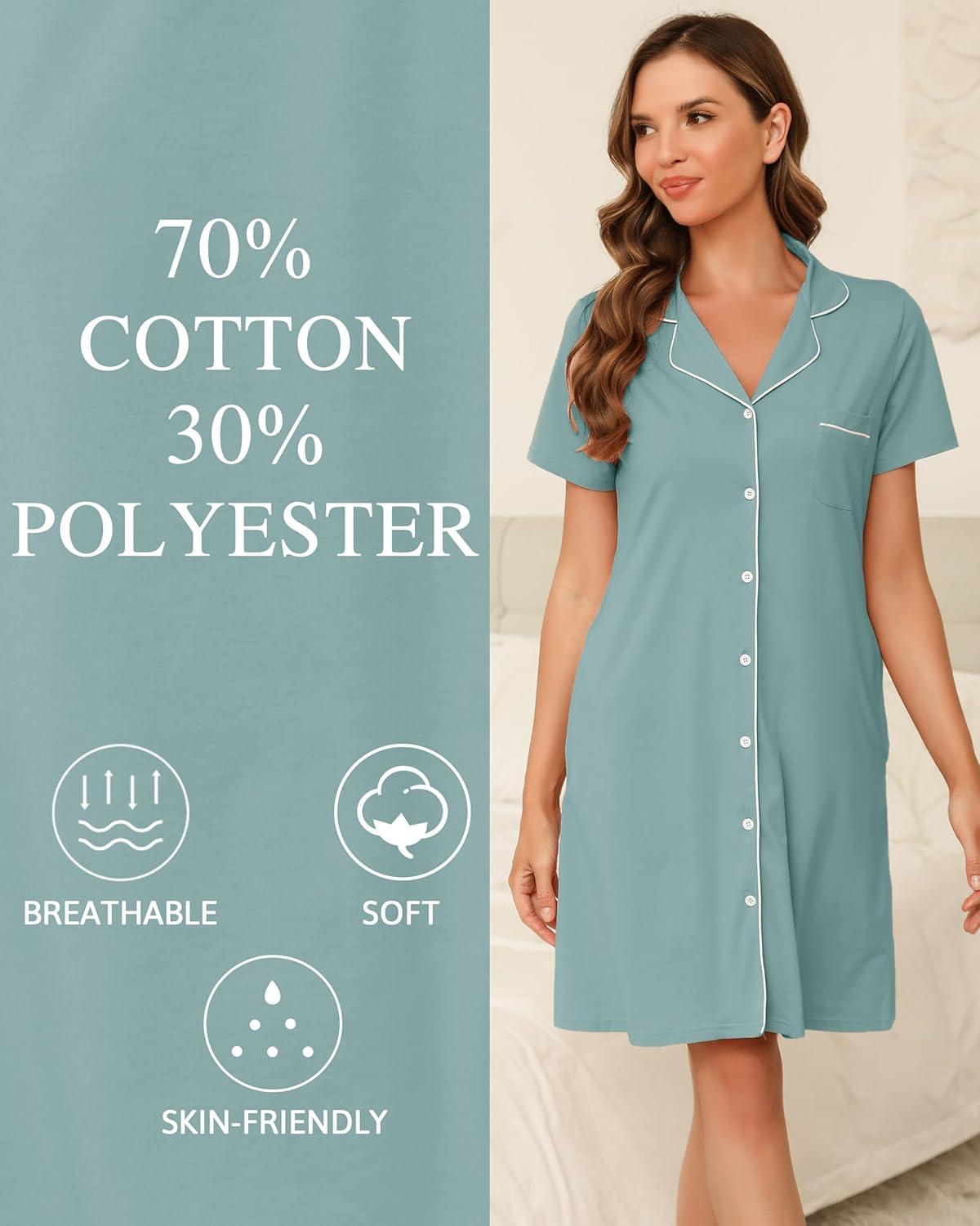 imageVlazom Womens Nightgowns Short Sleeve Sleep Shirts Nightshirt V Neck Button Down Pajama Sleepwear SXXLYlight Green