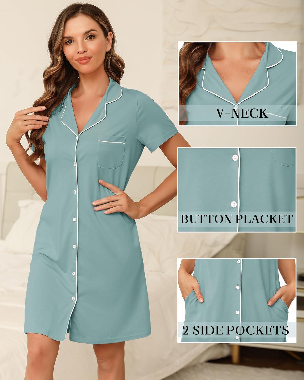 imageVlazom Womens Nightgowns Short Sleeve Sleep Shirts Nightshirt V Neck Button Down Pajama Sleepwear SXXLYlight Green
