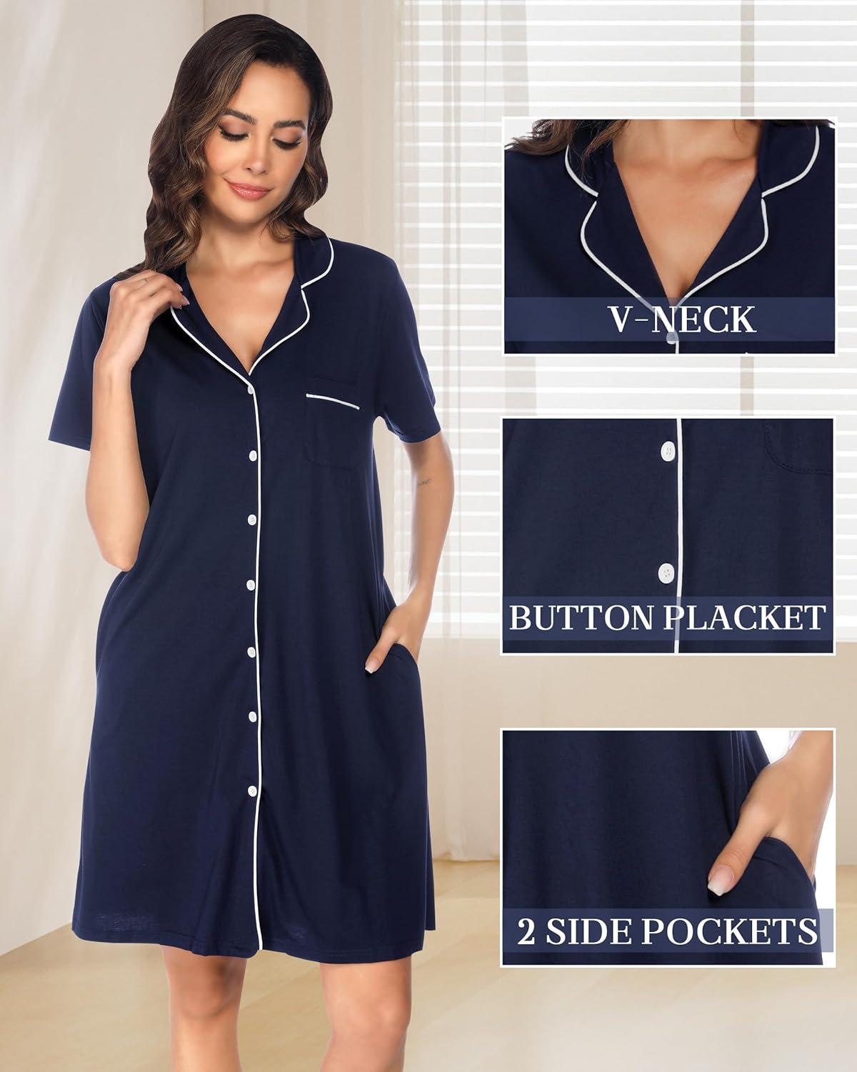 imageVlazom Womens Nightgowns Short Sleeve Sleep Shirts Nightshirt V Neck Button Down Pajama Sleepwear SXXLYnavy Blue
