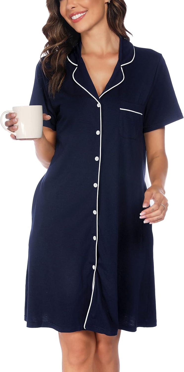 imageVlazom Womens Nightgowns Short Sleeve Sleep Shirts Nightshirt V Neck Button Down Pajama Sleepwear SXXLYnavy Blue