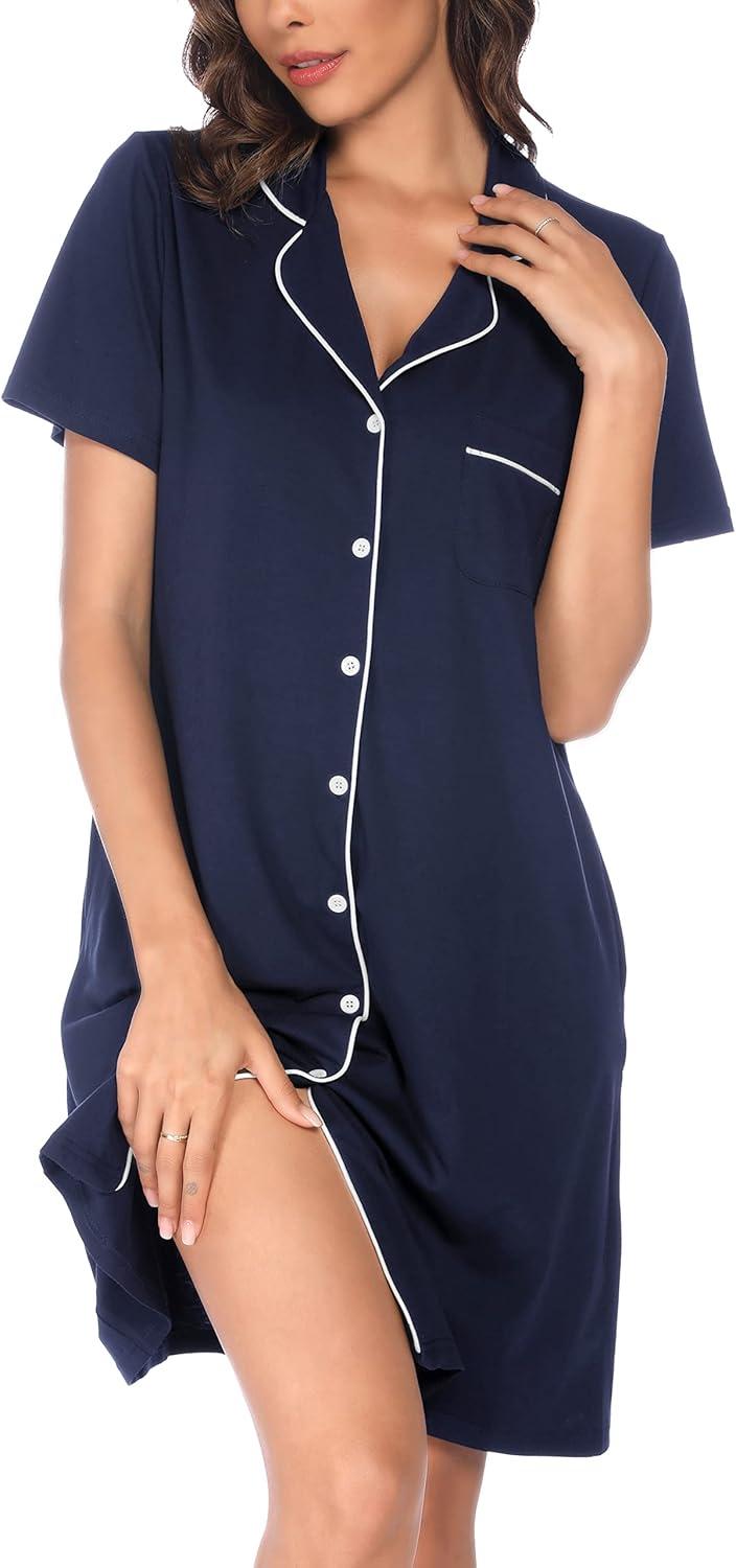 imageVlazom Womens Nightgowns Short Sleeve Sleep Shirts Nightshirt V Neck Button Down Pajama Sleepwear SXXLYnavy Blue