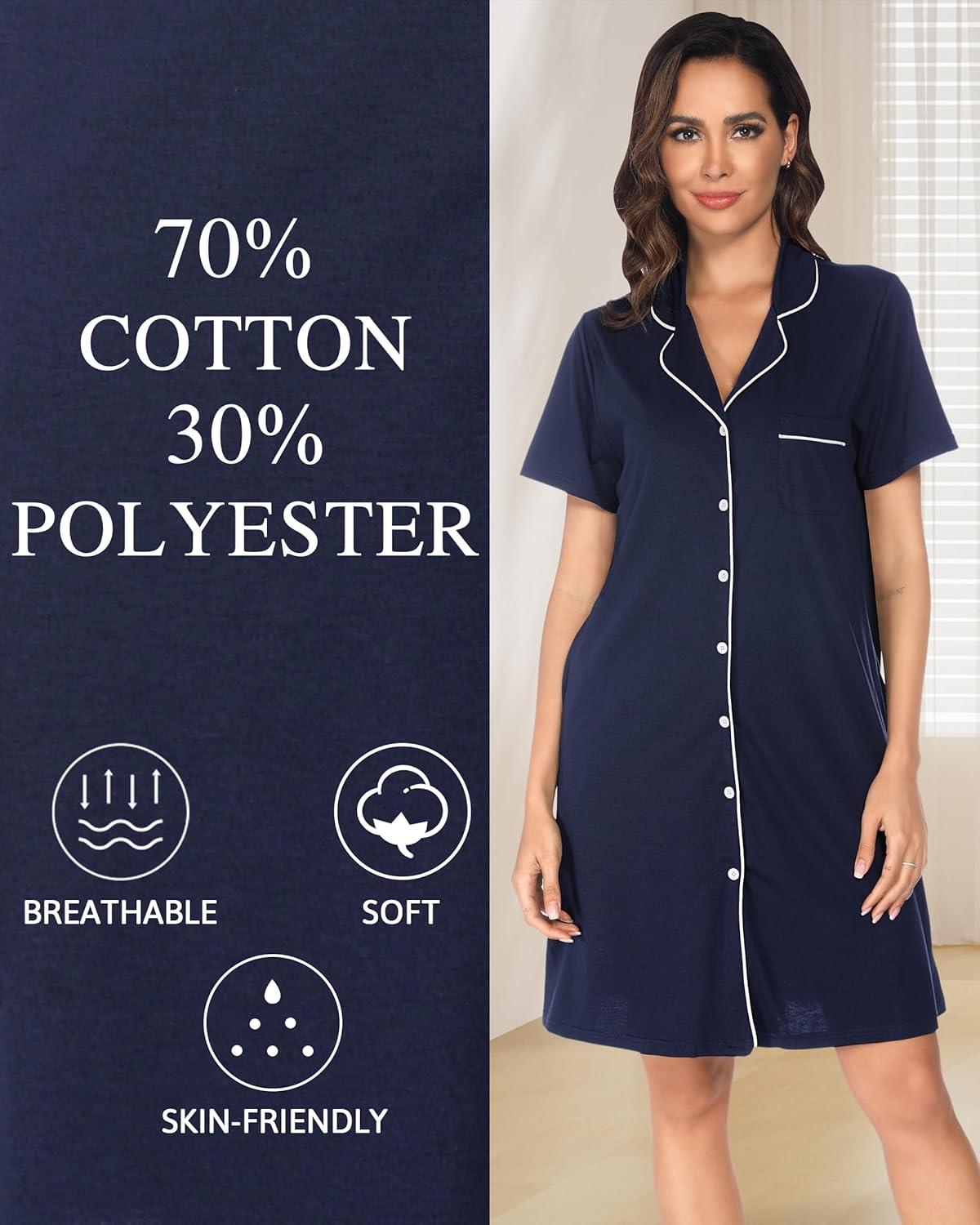 imageVlazom Womens Nightgowns Short Sleeve Sleep Shirts Nightshirt V Neck Button Down Pajama Sleepwear SXXLYnavy Blue