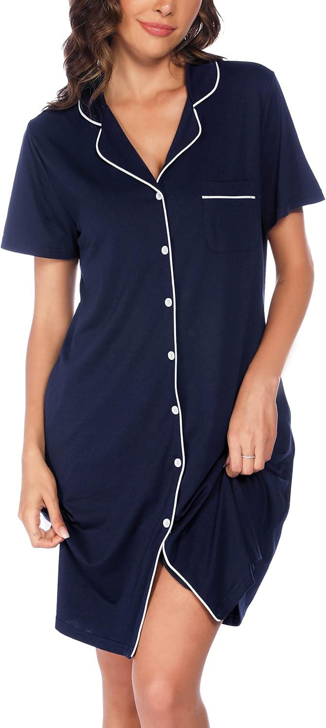 imageVlazom Womens Nightgowns Short Sleeve Sleep Shirts Nightshirt V Neck Button Down Pajama Sleepwear SXXLYnavy Blue