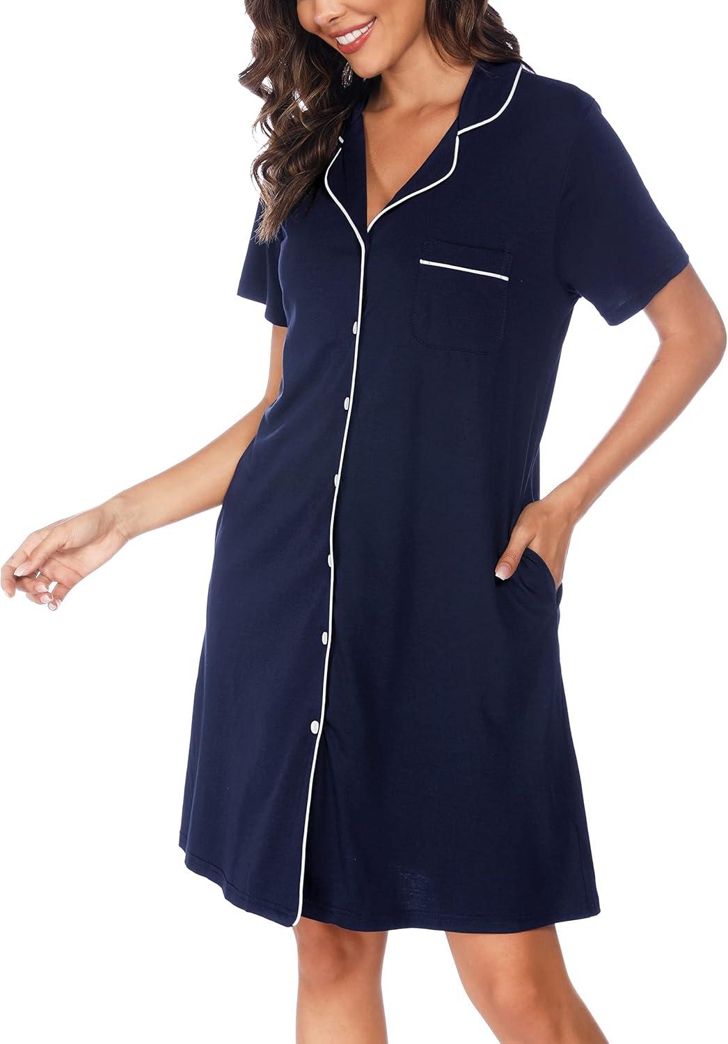 imageVlazom Womens Nightgowns Short Sleeve Sleep Shirts Nightshirt V Neck Button Down Pajama Sleepwear SXXLYnavy Blue