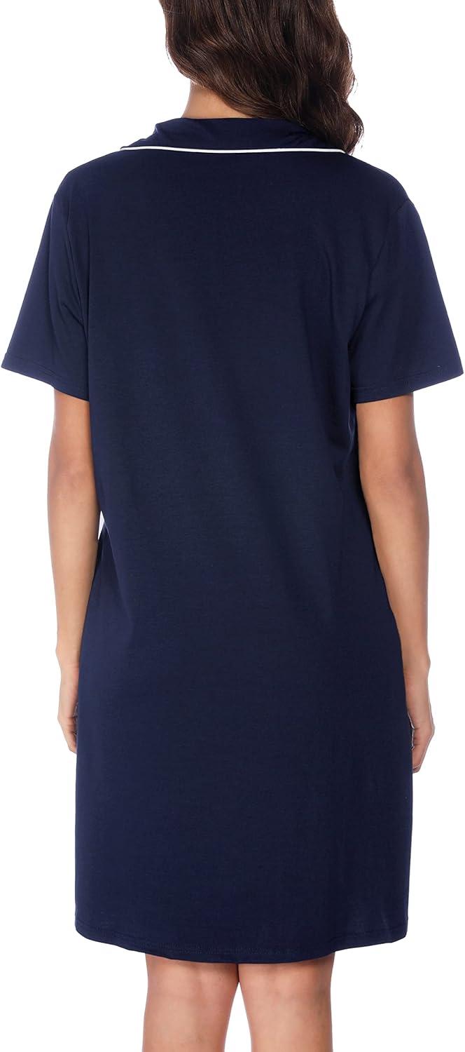 imageVlazom Womens Nightgowns Short Sleeve Sleep Shirts Nightshirt V Neck Button Down Pajama Sleepwear SXXLYnavy Blue