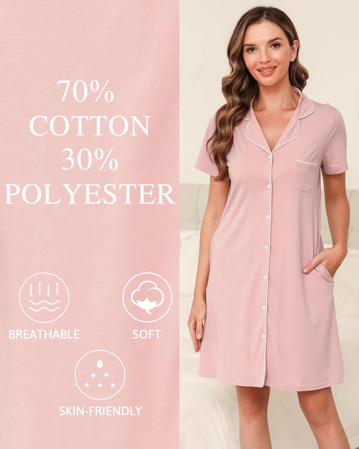 imageVlazom Womens Nightgowns Short Sleeve Sleep Shirts Nightshirt V Neck Button Down Pajama Sleepwear SXXLYpink