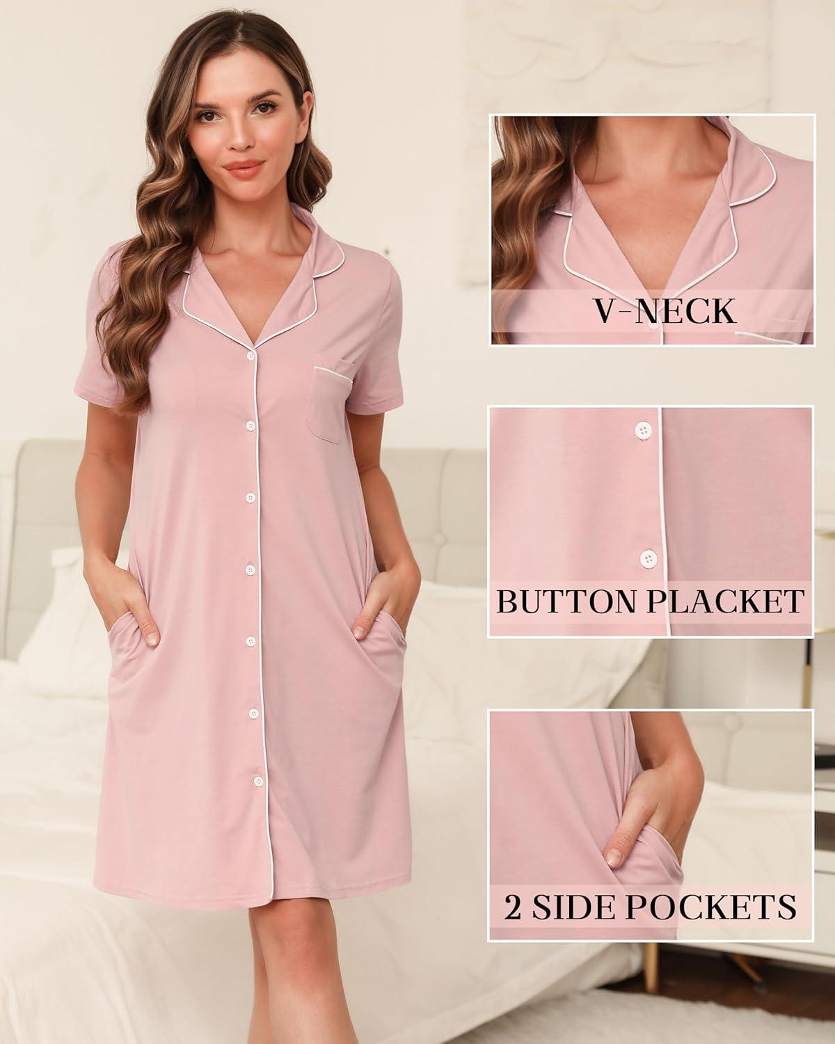 imageVlazom Womens Nightgowns Short Sleeve Sleep Shirts Nightshirt V Neck Button Down Pajama Sleepwear SXXLYpink