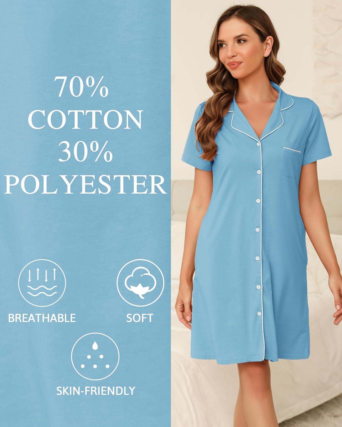 imageVlazom Womens Nightgowns Short Sleeve Sleep Shirts Nightshirt V Neck Button Down Pajama Sleepwear SXXLYsky Blue
