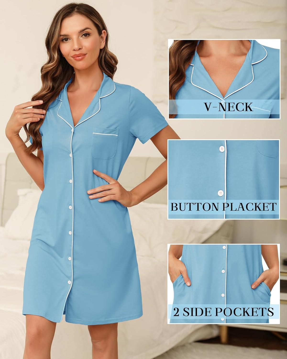 imageVlazom Womens Nightgowns Short Sleeve Sleep Shirts Nightshirt V Neck Button Down Pajama Sleepwear SXXLYsky Blue