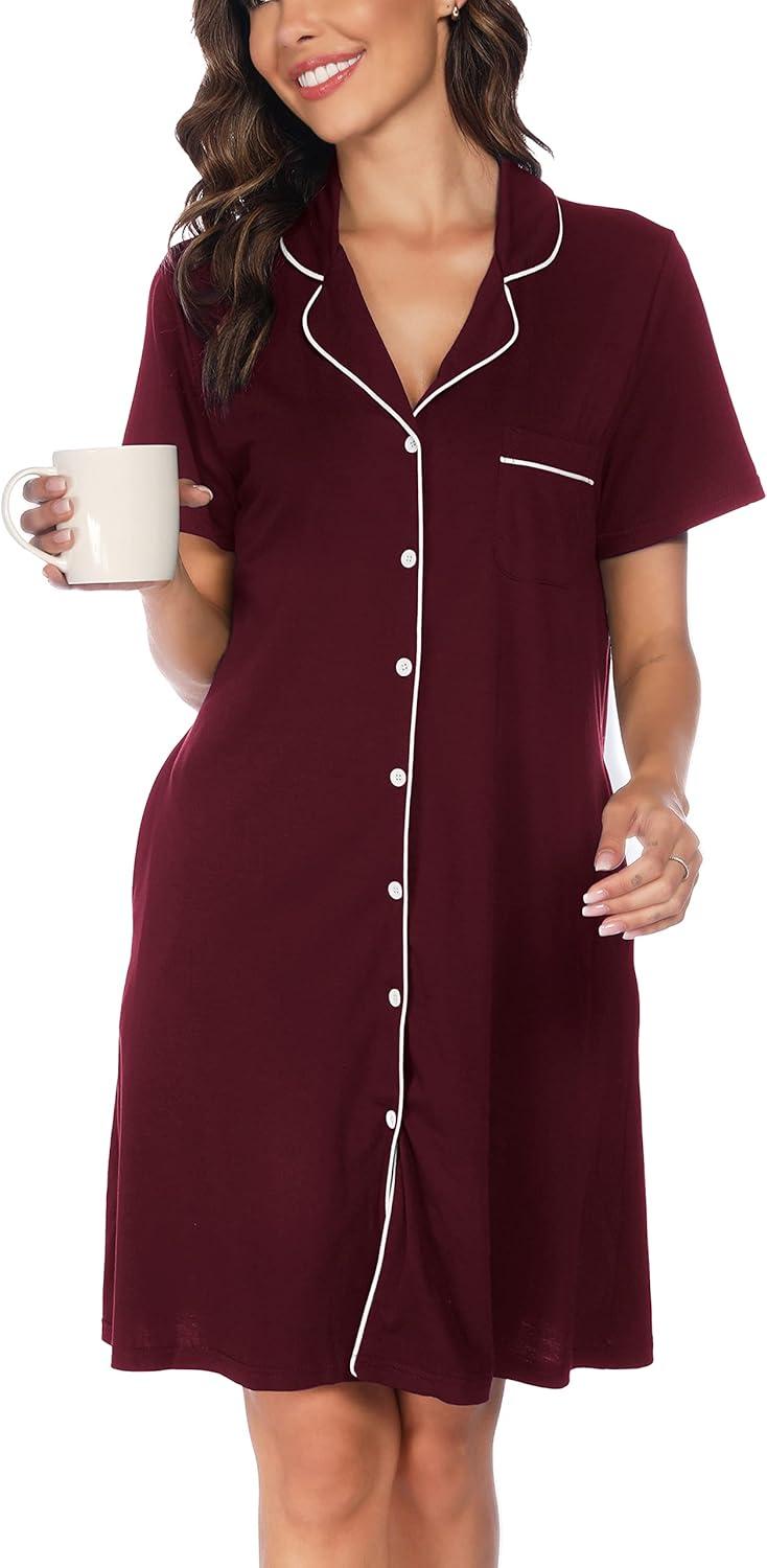 imageVlazom Womens Nightgowns Short Sleeve Sleep Shirts Nightshirt V Neck Button Down Pajama Sleepwear SXXLYwine Red