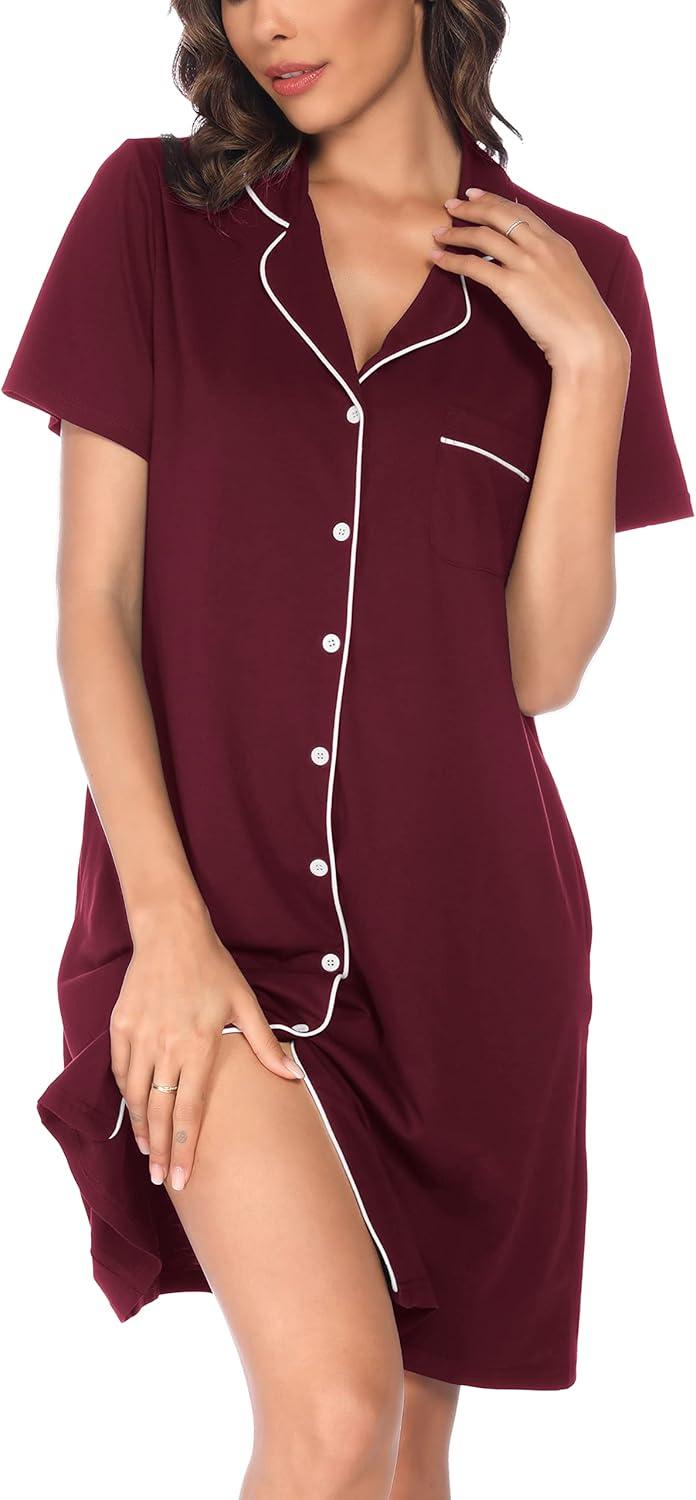 imageVlazom Womens Nightgowns Short Sleeve Sleep Shirts Nightshirt V Neck Button Down Pajama Sleepwear SXXLYwine Red