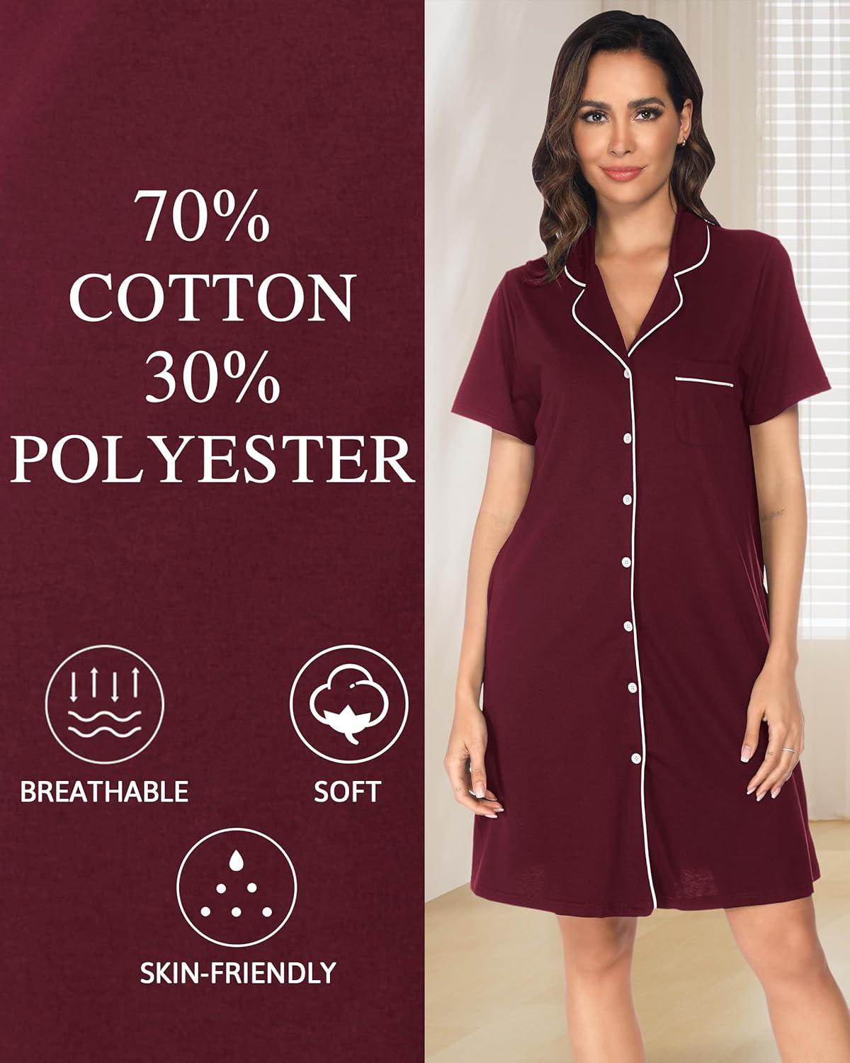 imageVlazom Womens Nightgowns Short Sleeve Sleep Shirts Nightshirt V Neck Button Down Pajama Sleepwear SXXLYwine Red