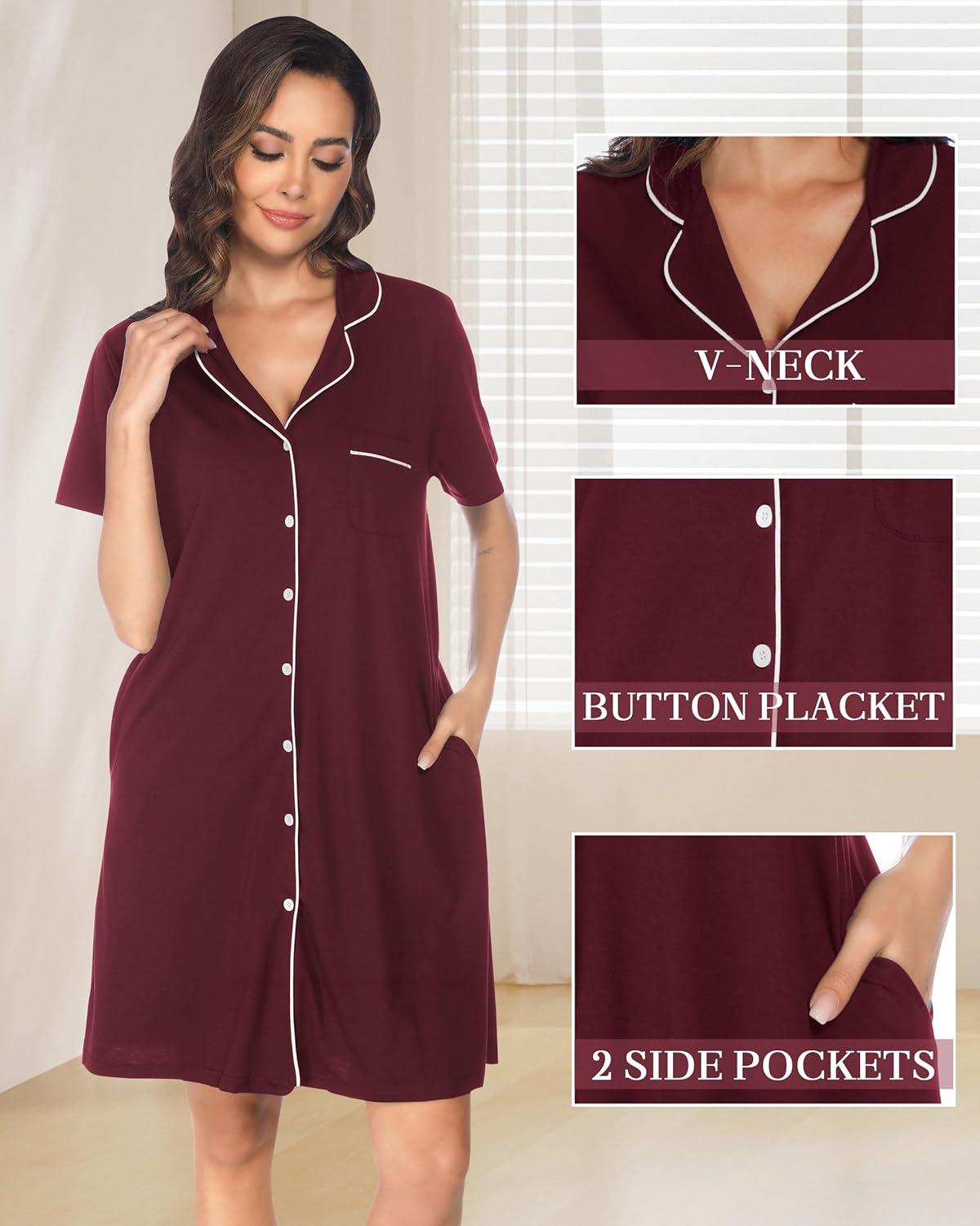 imageVlazom Womens Nightgowns Short Sleeve Sleep Shirts Nightshirt V Neck Button Down Pajama Sleepwear SXXLYwine Red