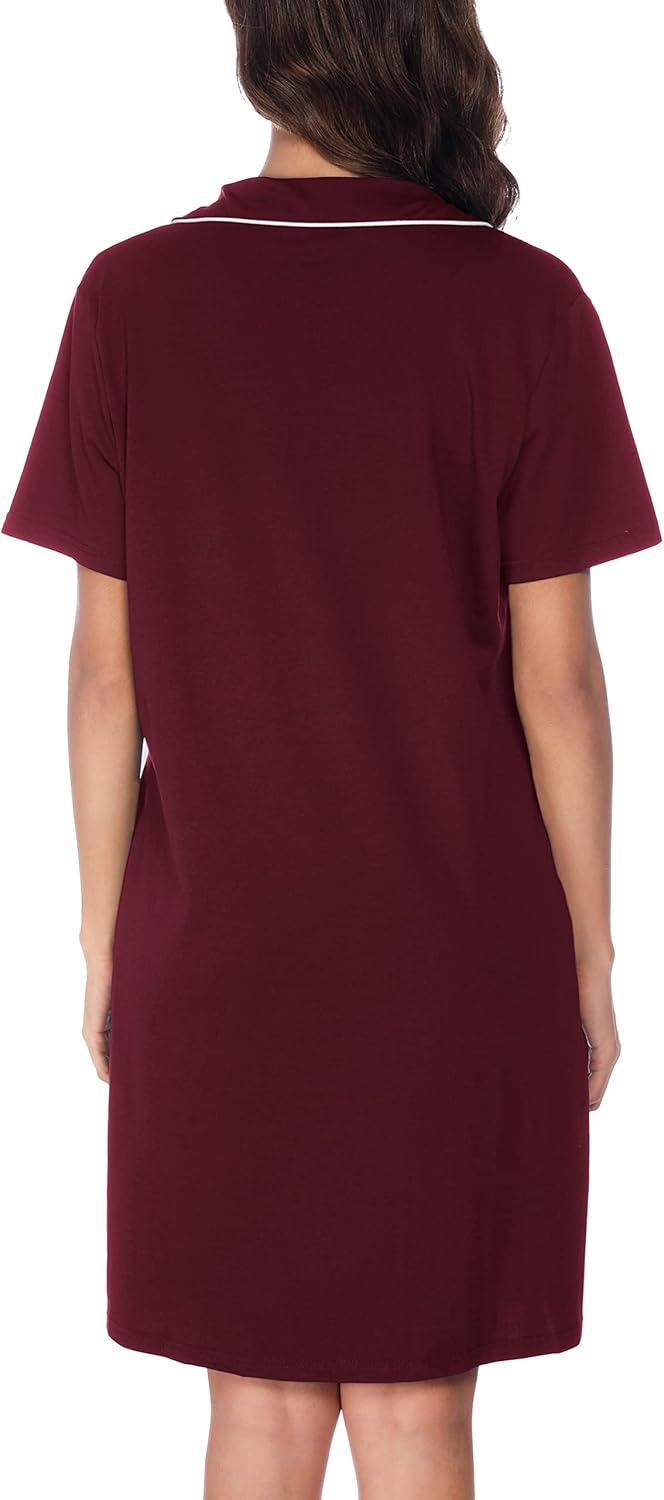 imageVlazom Womens Nightgowns Short Sleeve Sleep Shirts Nightshirt V Neck Button Down Pajama Sleepwear SXXLYwine Red