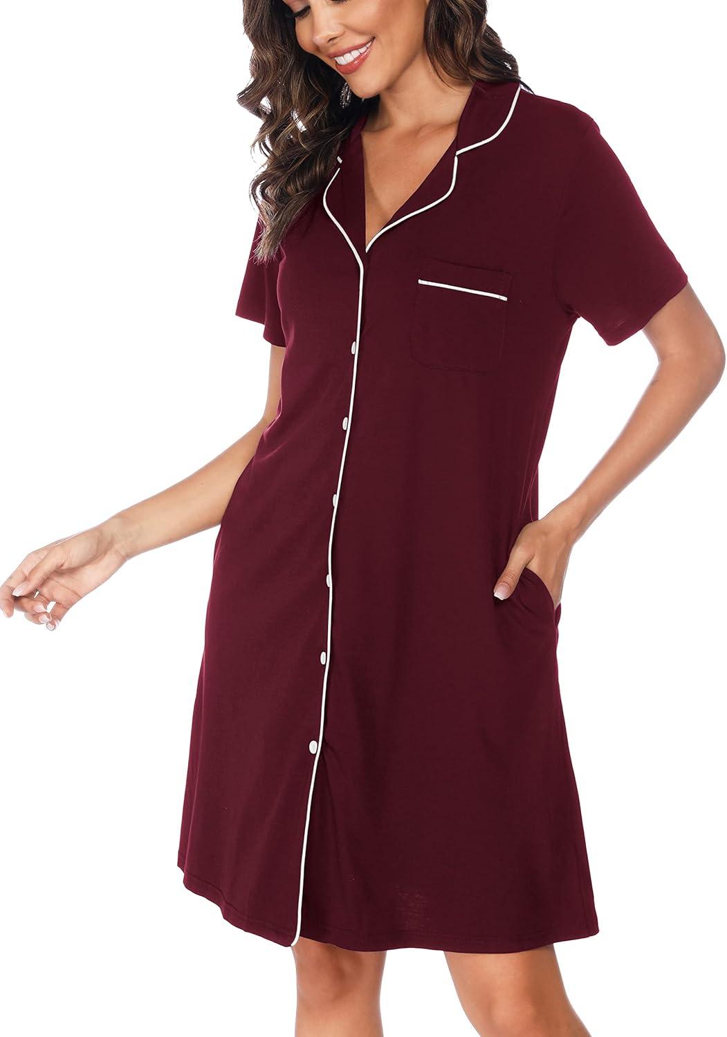 imageVlazom Womens Nightgowns Short Sleeve Sleep Shirts Nightshirt V Neck Button Down Pajama Sleepwear SXXLYwine Red