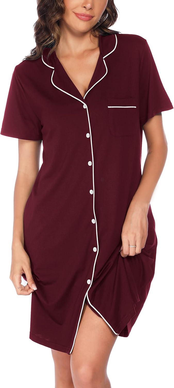 imageVlazom Womens Nightgowns Short Sleeve Sleep Shirts Nightshirt V Neck Button Down Pajama Sleepwear SXXLYwine Red