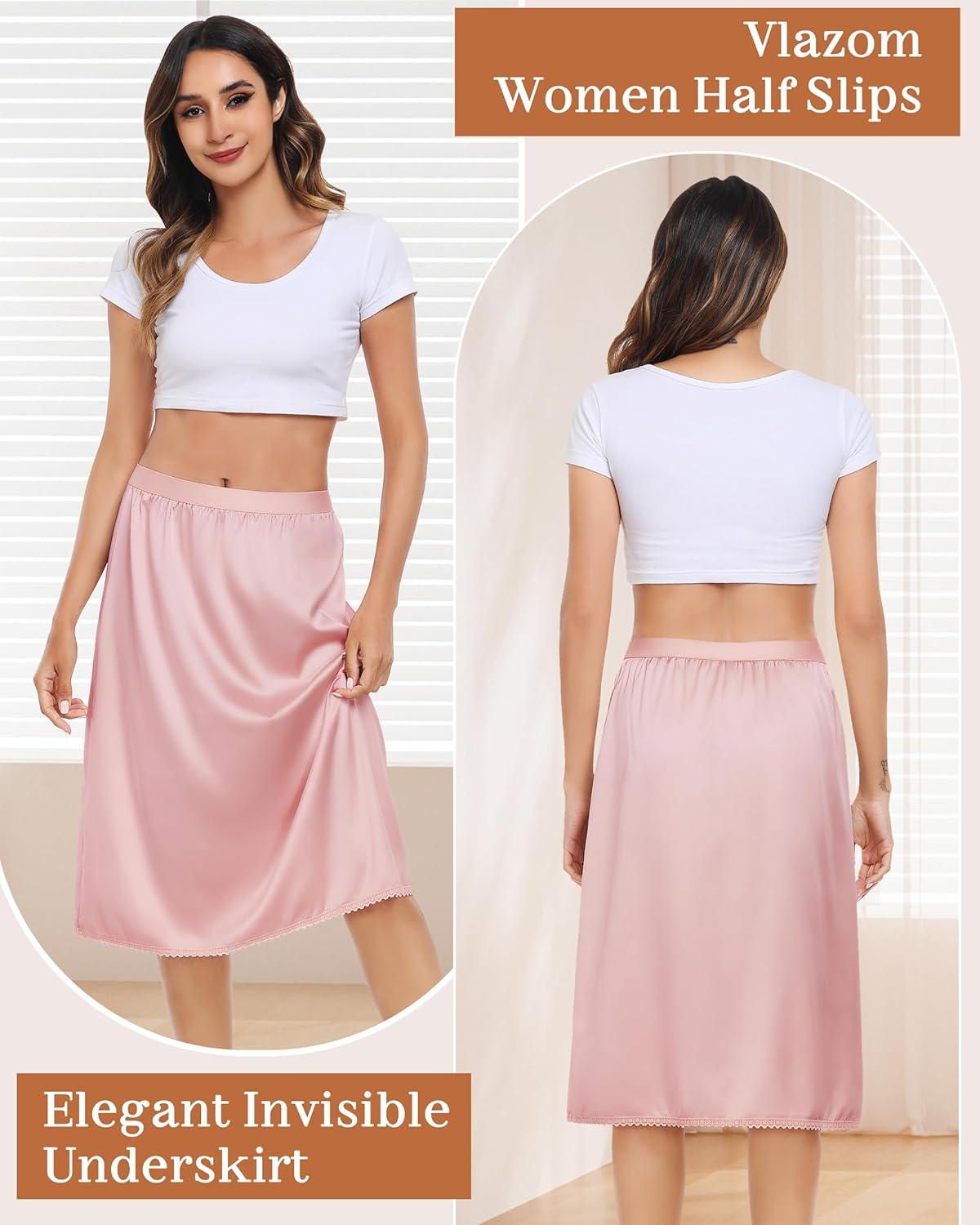 imageVlazom Womens Satin Half Slip Lace Slip Skirt Long Half for Under Dress Skirt Extender SXXLLight Pink